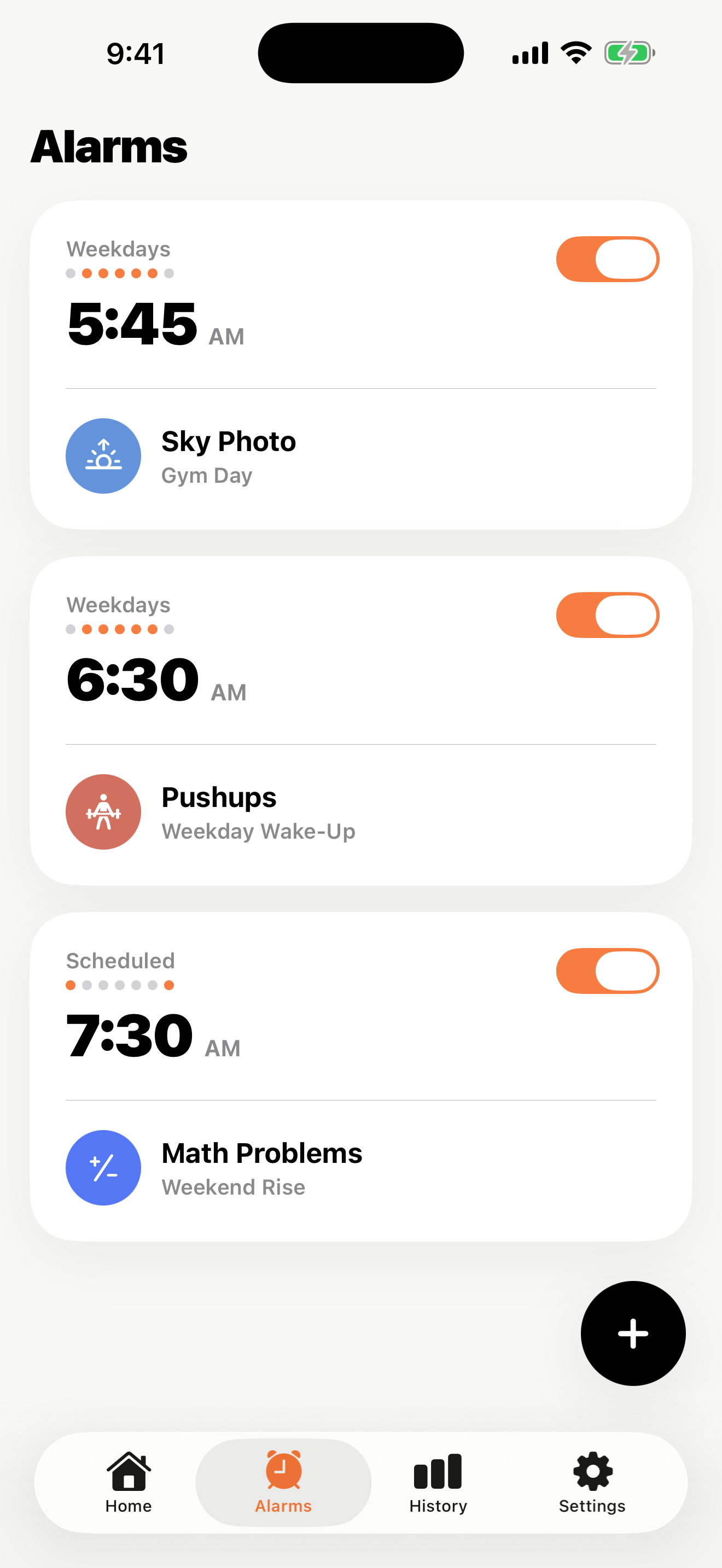 Alarm setup with mission picker.